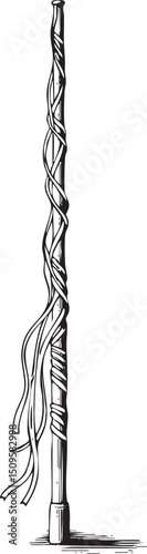 weathered wooden staff with a flowing ribbon hangs vertically.