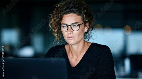 Focused woman working on laptop at night.