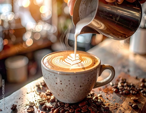 Trendy coffee shop counter barista preparing