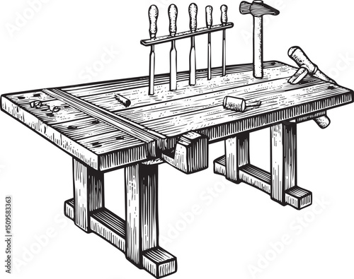 weathered wooden workbench displays tools and a hammer.