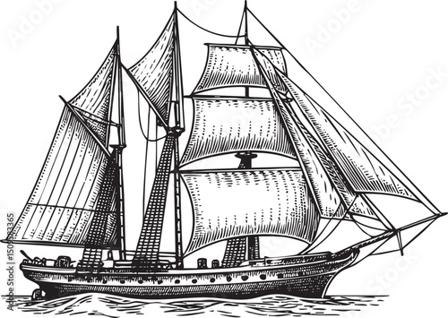 detailed black and white depicts a sailing ship navigating the open water.
