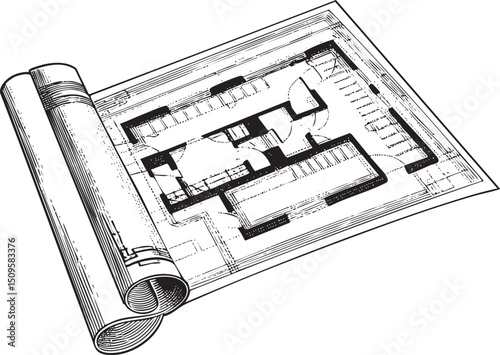 rolled architectural plan displays a detailed floor layout.