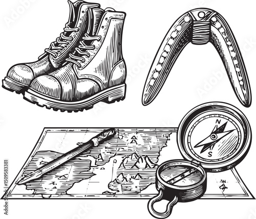 weathered boot rests beside a compass and an antique map.