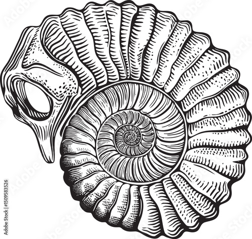 detailed black and white of a spiraled nautilus .