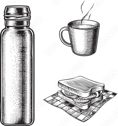 stainless steel water bottle sits alongside a steaming mug and a sandwich on a checkered cloth.