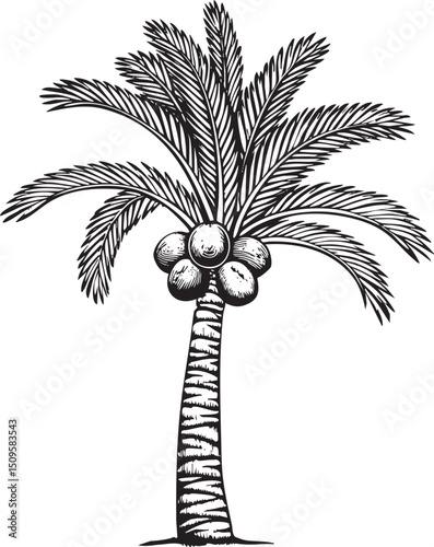solitary palm tree displays a cluster of coconuts against a stark white background.