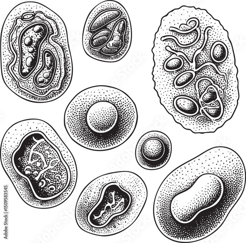 collection of diverse detailed cell illustrations in black and white.
