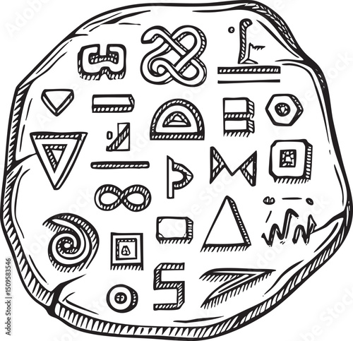 circular stone tablet displays a collection of intricate geometric symbols and .