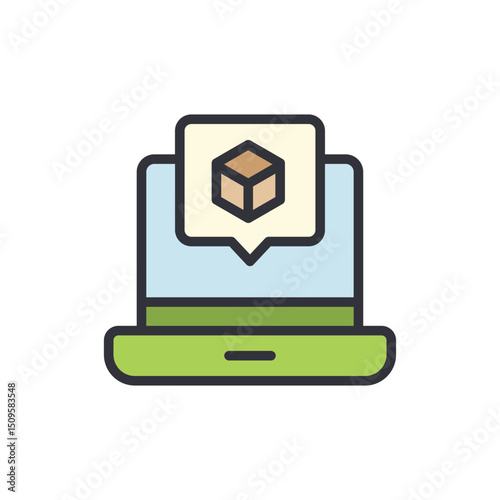 Laptop Displaying Three Dimensional Box In Speech Bubble Communication