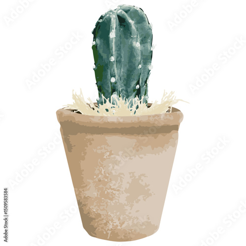 水彩で描いた鉢植えのサボテン