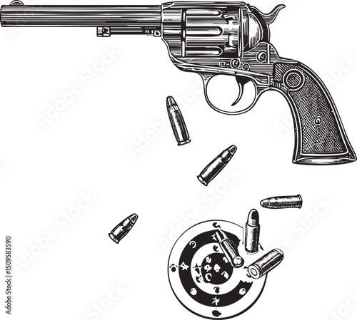 silver revolver rests near scattered bullets on a target.