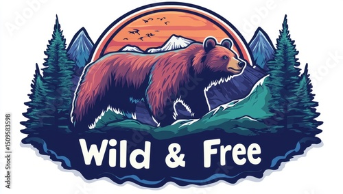 A bear logo with mountains and trees in the background, with 