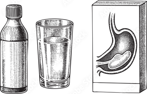 bottle of liquid and a glass stand beside a box depicting the human stomach.