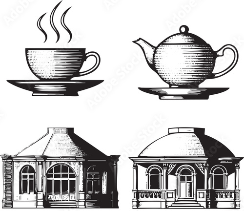 steaming cup of coffee sits alongside a vintage teapot on delicate porcelain plates.