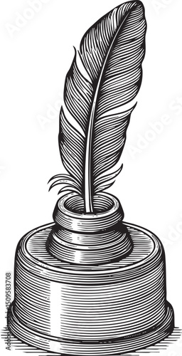 black inkwell rests atop a decorative pedestal adorned with a gracefully curved feather.
