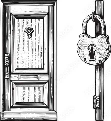 wooden door with a prominent lock and keyhole.