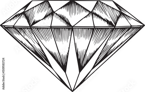 detailed black and white drawing depicts a brilliant diamond shape.