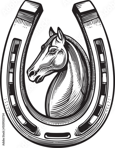 majestic horse’s head is centered within a detailed horseshoe .