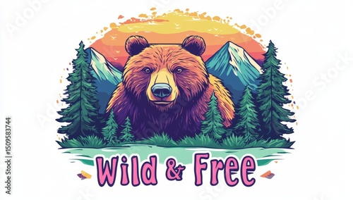 A bear logo with mountains and trees in the background, with 