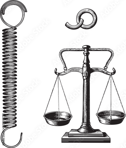 vintage depicts a scale of justice with two balanced bowls.