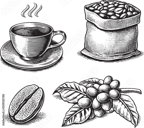steaming cup of coffee sits alongside a burlap sack filled with roasted beans.