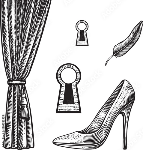 detailed black and white depicts a draped curtain a keyhole lock a feather and a high-heeled shoe.
