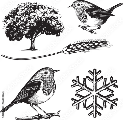robin perches on a branch amidst winter elements.