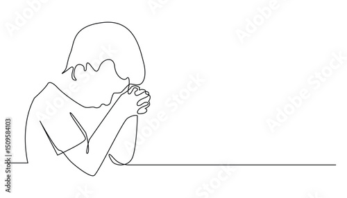 Praying Boy Continuous Line Art, Isolated on White.