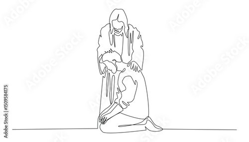 Continuous Line Drawing of Jesus Comforting a Person on White Background.