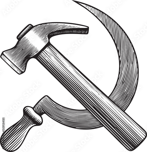 vintage hammer and sickle symbol is depicted with a detailed engraved style.