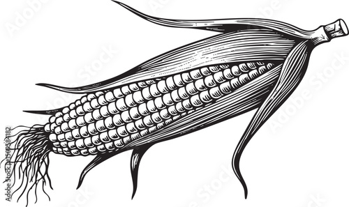 detailed black and white of a mature corn cob.