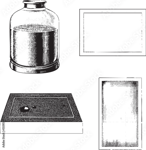 vintage glass bottle contains a dark viscous liquid accompanied by various scientific diagrams.