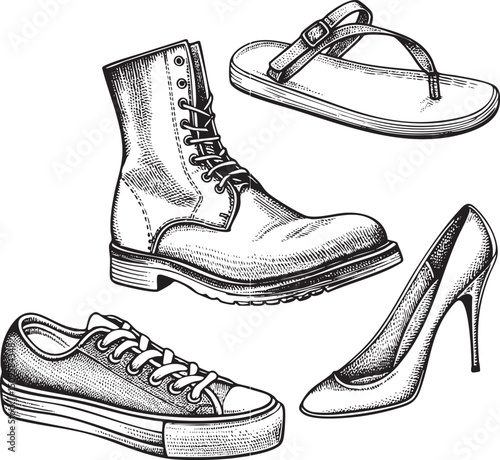 Black and white depicts various footwear.