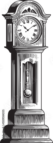 tall ornate grandfather clock stands upright against a dark background.