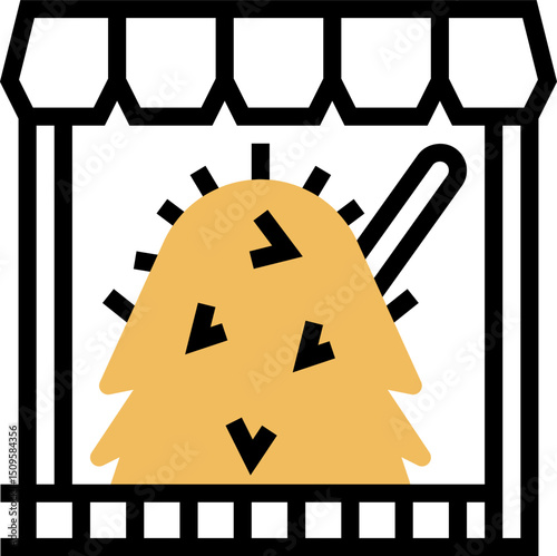 Farm Stall Icon with Hay Bale and Pitchfork Outline