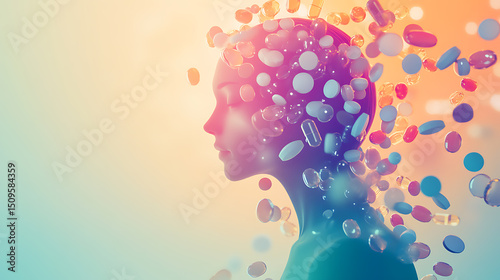 Silhouette of a human head with colorful pills and capsules surrounding it, symbolizing mental health or pharmacology.