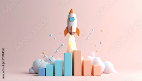 A detailed rocket launches above the bar graph, resembling a real rocket launch into space.