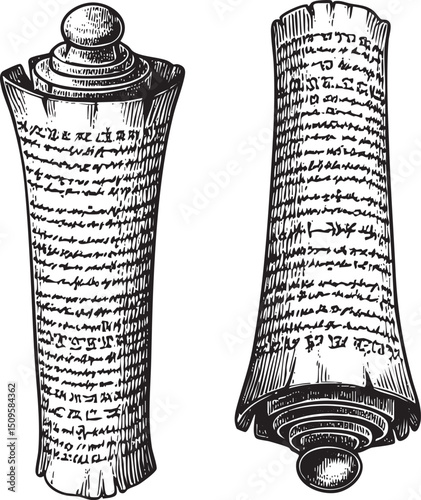 Two ancient stone columns display intricate vertical inscriptions.