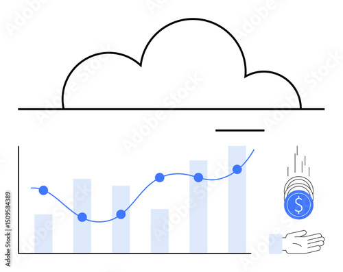 Cloud overlay with graph illustrating upward financial growth, line chart trend, falling coins, outstretched hand. Ideal for cloud computing, finance, analytics, investment, technology growth
