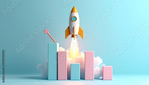 A detailed rocket launches above the bar graph, resembling a real rocket launch into space.