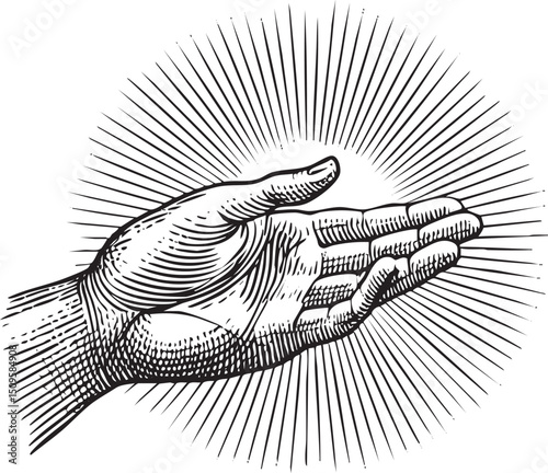 weathered hand extends towards a radiant glowing light.