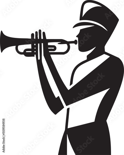 silhouetted musician plays a brass instrument with focused expression.