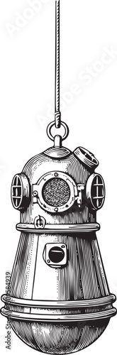 vintage diving lamp hangs suspended from a thick rope.
