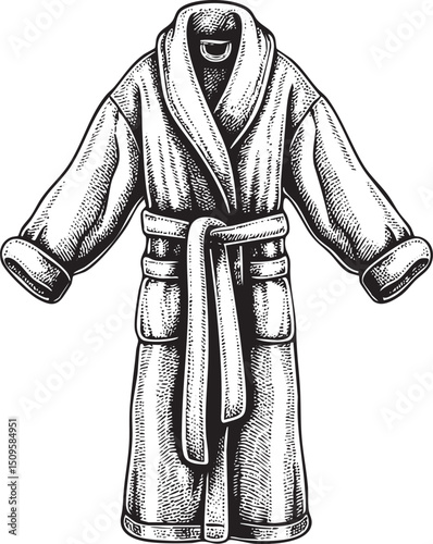 detailed black and white of a plush robe hangs elegantly.