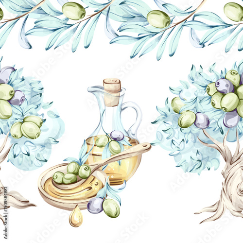 Olives and olive oil series in watercolor style with seamless pattern frame and border arrangement that embodies Italian cuisine nature and beauty of nutrition