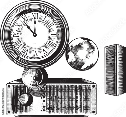 vintage clock a globe and a metallic bar are arranged on a wooden platform.
