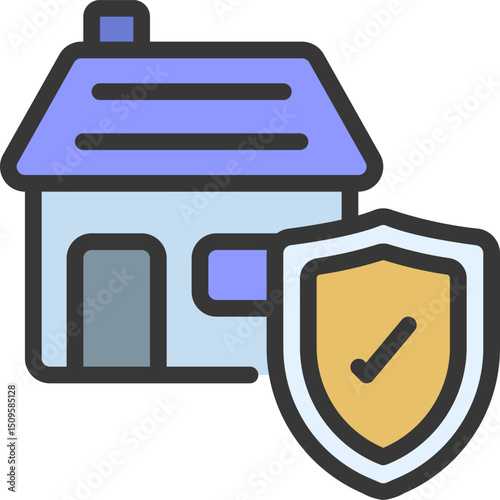 House stands protected by shield, symbolizing home security and insurance coverage against unforeseen circumstances in a safe neighborhood.