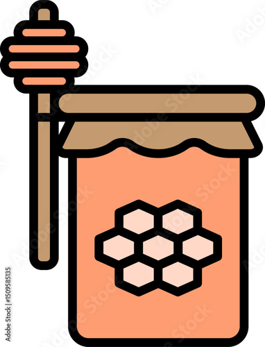 Jar of honey with dipper sits on wooden table in rustic kitchen, symbolizing natural sweetness and healthy lifestyle.