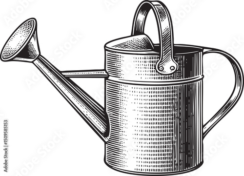 vintage metal watering can rests on a flat surface.