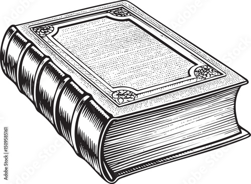 weathered leather-bound book rests on a wooden surface.
